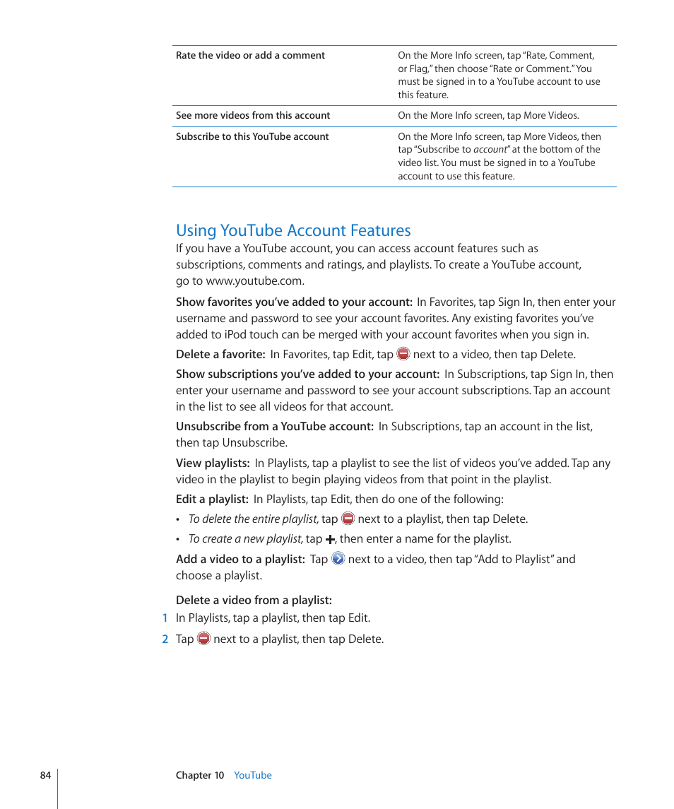 Using youtube account features | Apple iPod touch iOS 3.0 User Manual | Page 84 / 153