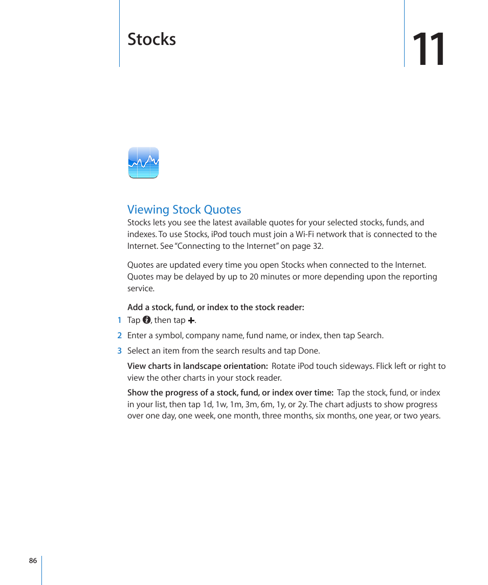 Chapter 11: stocks, Viewing stock quotes, Stocks | Apple iPod touch iOS 3.0 User Manual | Page 86 / 153