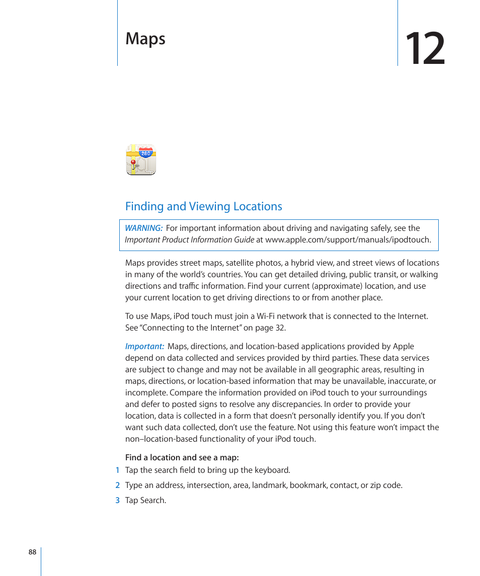 Chapter 12: maps, Finding and viewing locations, Maps | Apple iPod touch iOS 3.0 User Manual | Page 88 / 153