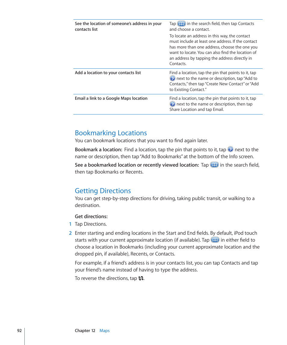Bookmarking locations, Getting directions | Apple iPod touch iOS 3.0 User Manual | Page 92 / 153