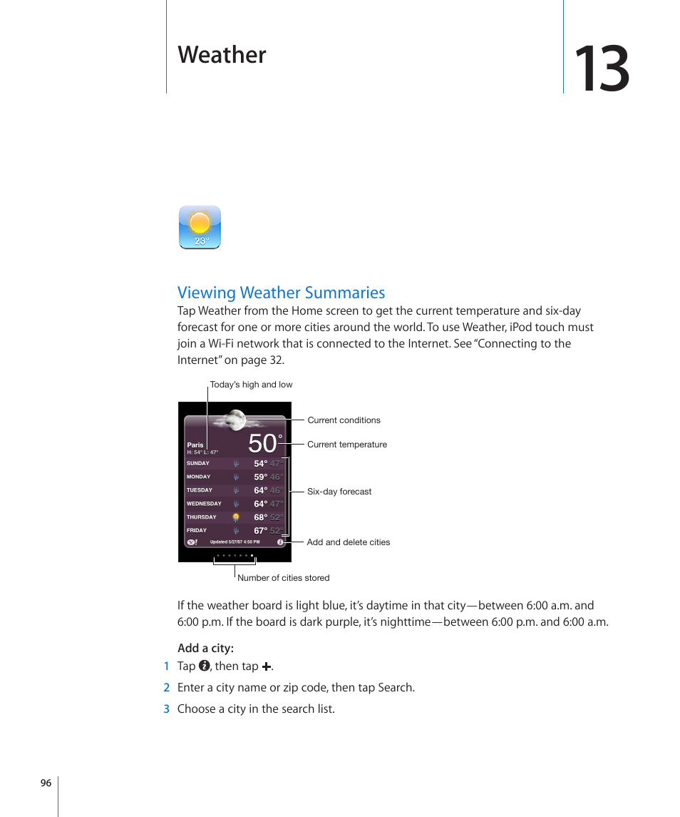 Chapter 13: weather, Viewing weather summaries, Weather | Apple iPod touch iOS 3.0 User Manual | Page 96 / 153