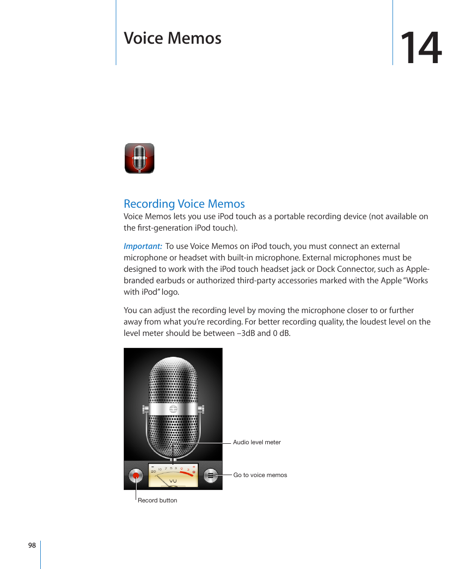 Chapter 14: voice memos, Recording voice memos | Apple iPod touch iOS 3.0 User Manual | Page 98 / 153