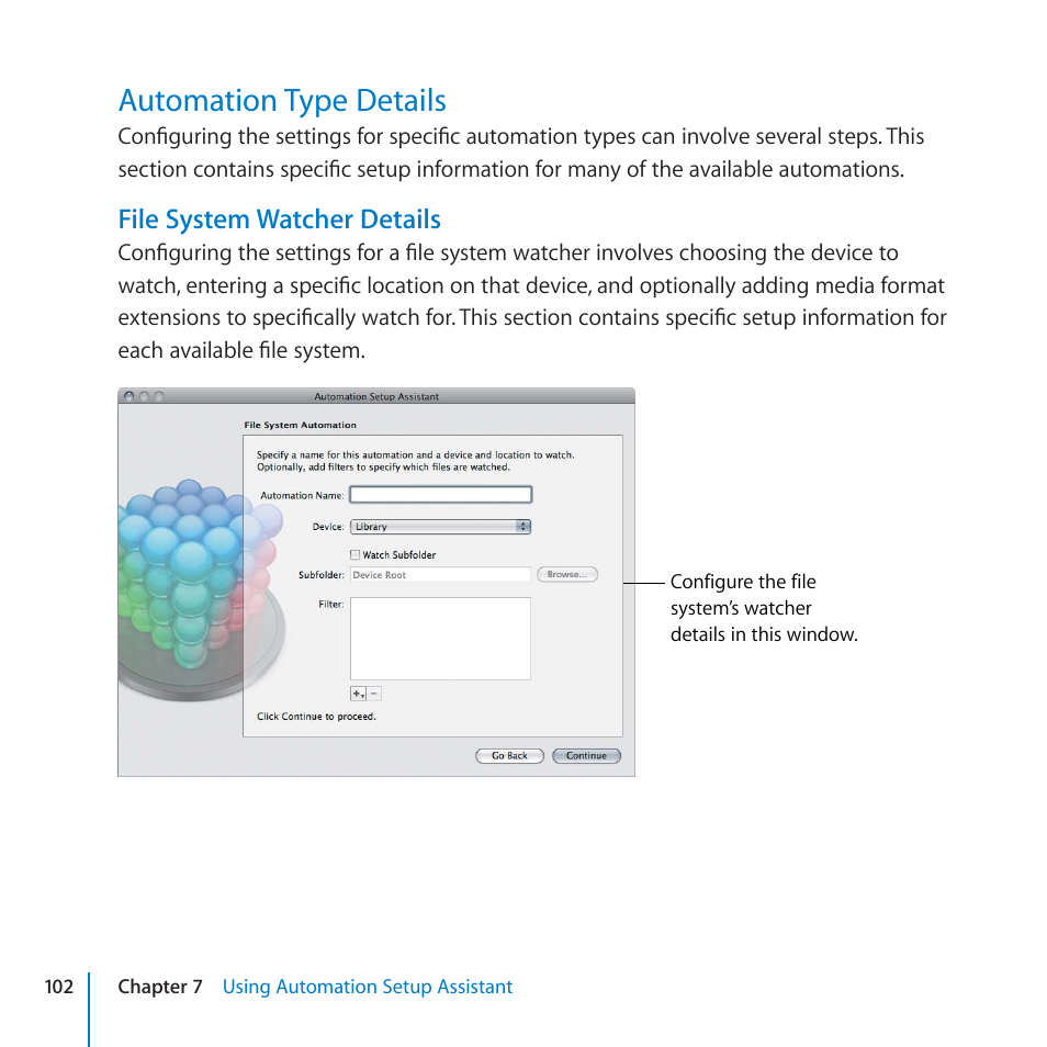 Automation type details, 102 automation type details, File system watcher details | Apple Final Cut Server 1.5 User Manual | Page 102 / 125