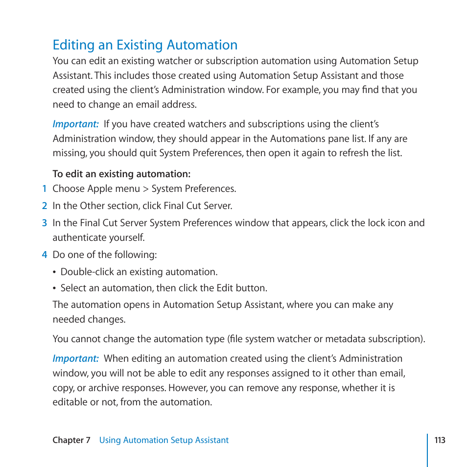 Editing an existing automation, 113 editing an existing automation | Apple Final Cut Server 1.5 User Manual | Page 113 / 125