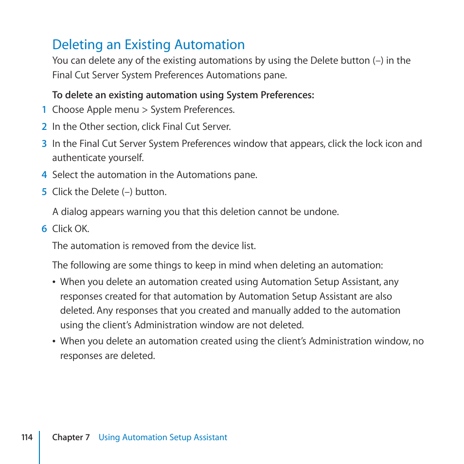 Deleting an existing automation, 114 deleting an existing automation | Apple Final Cut Server 1.5 User Manual | Page 114 / 125