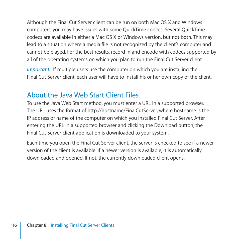 About the java web start client files, 116 about the java web start client files | Apple Final Cut Server 1.5 User Manual | Page 116 / 125