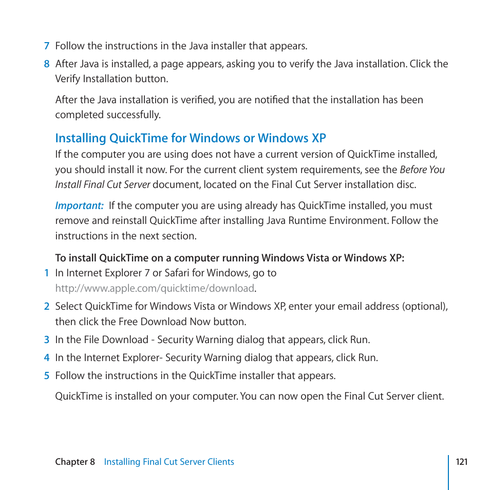 Installing quicktime for windows or windows xp | Apple Final Cut Server 1.5 User Manual | Page 121 / 125