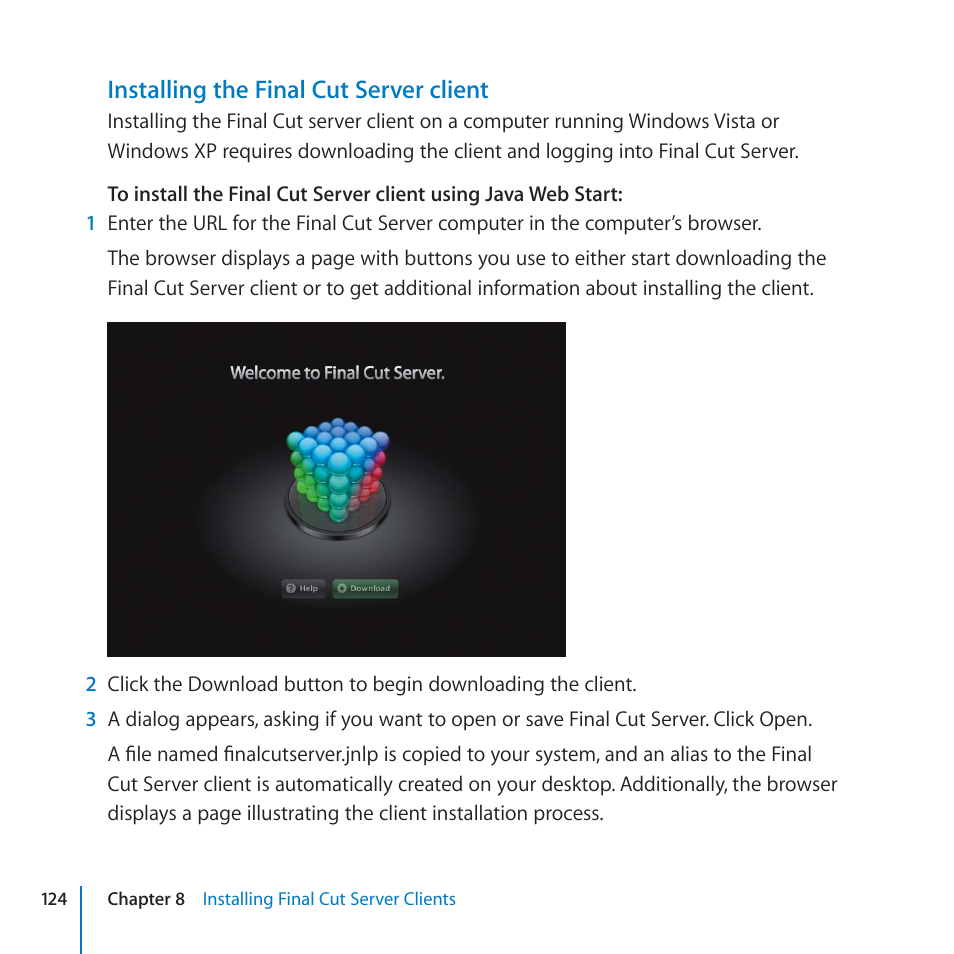 Installing the final cut server client | Apple Final Cut Server 1.5 User Manual | Page 124 / 125