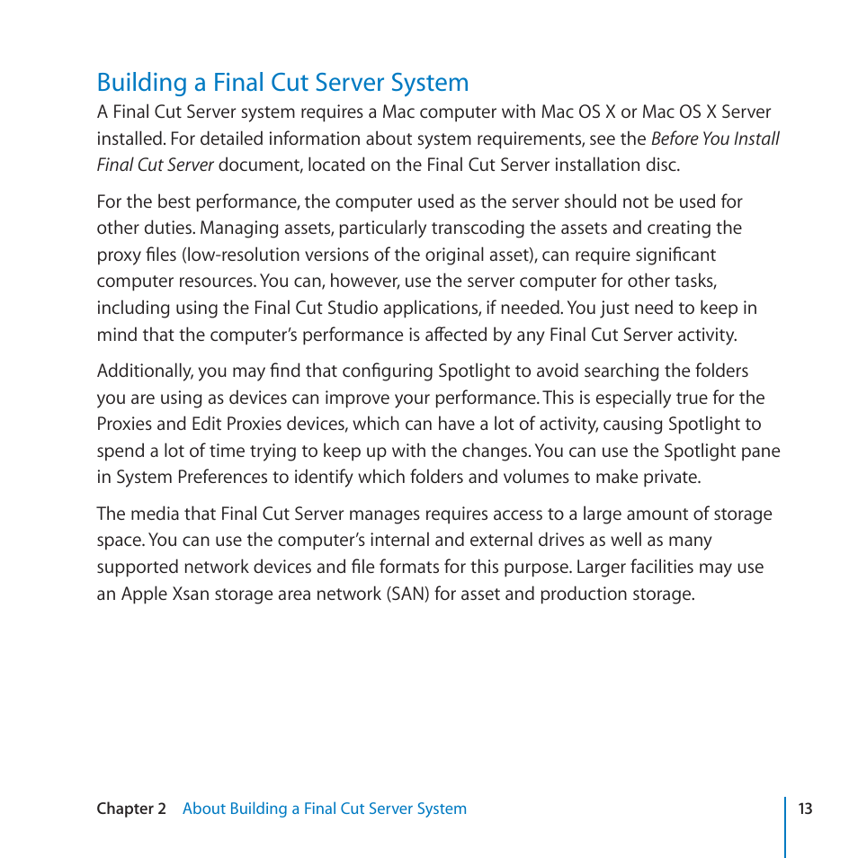 Building a final cut server system, 13 building a final cut server system | Apple Final Cut Server 1.5 User Manual | Page 13 / 125