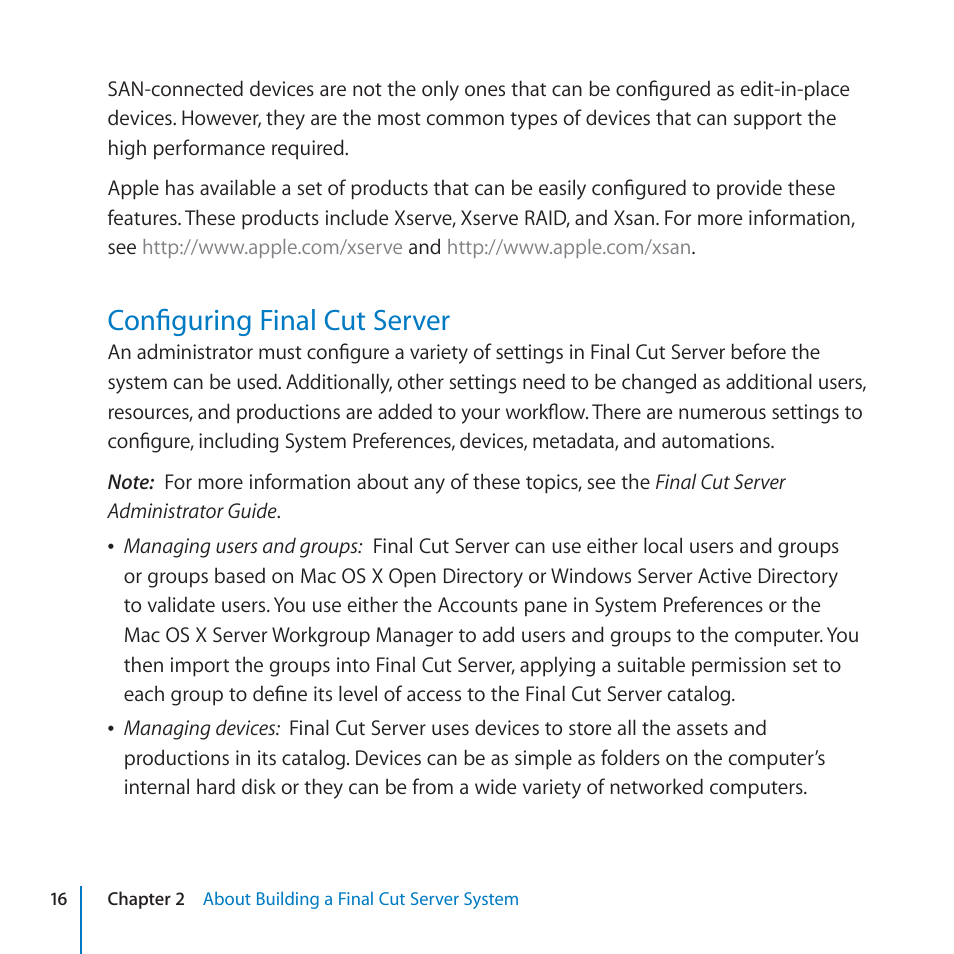 Configuring final cut server, 16 configuring final cut server | Apple Final Cut Server 1.5 User Manual | Page 16 / 125