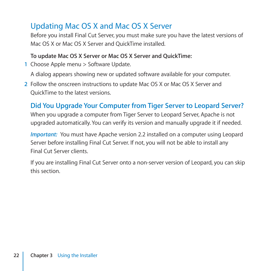 Updating mac os x and mac os x server, 22 updating mac os x and mac os x server | Apple Final Cut Server 1.5 User Manual | Page 22 / 125