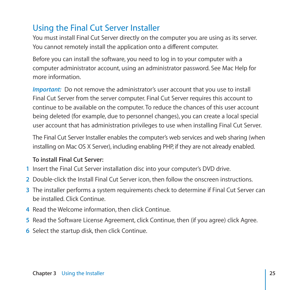 Using the final cut server installer, 25 using the final cut server installer | Apple Final Cut Server 1.5 User Manual | Page 25 / 125