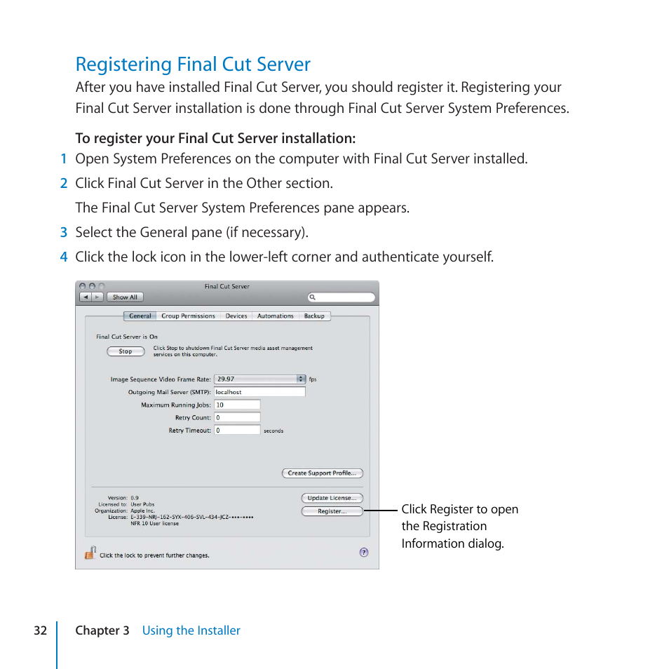 Registering final cut server, 32 registering final cut server | Apple Final Cut Server 1.5 User Manual | Page 32 / 125