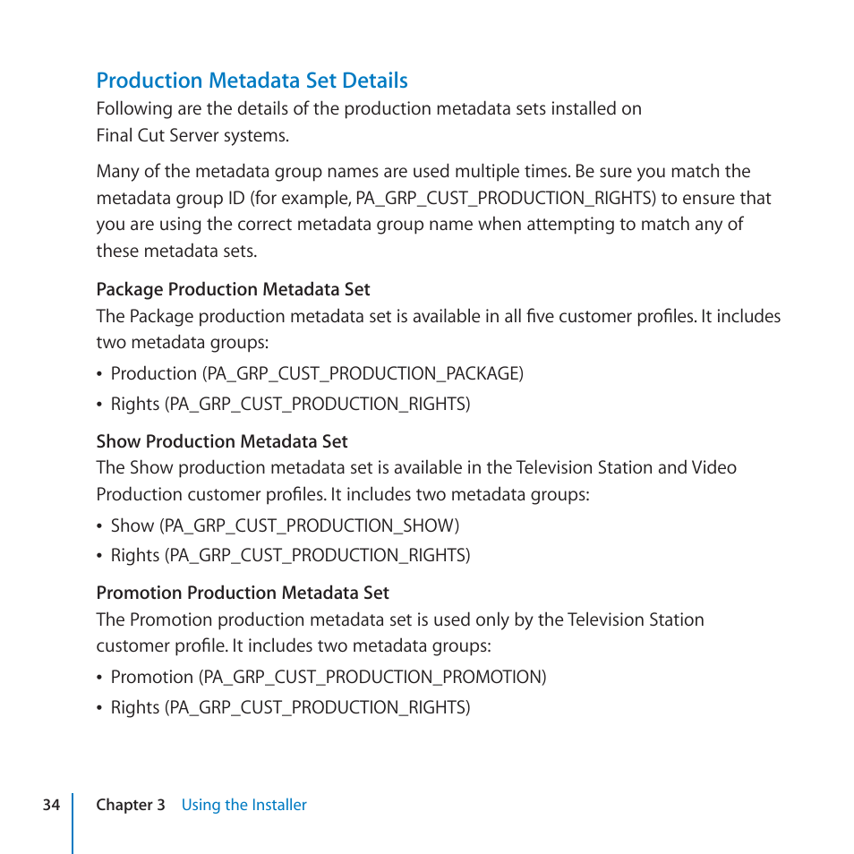 Production metadata set details | Apple Final Cut Server 1.5 User Manual | Page 34 / 125