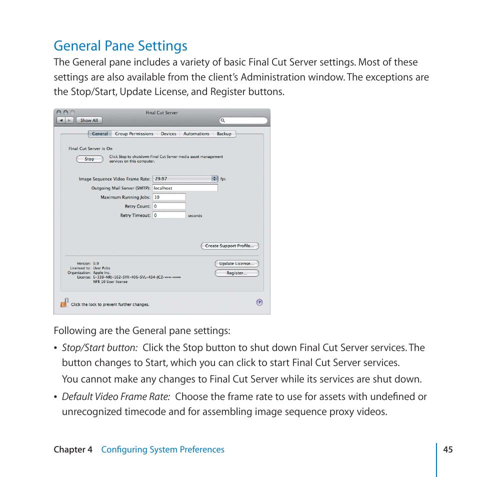 General pane settings, 45 general pane settings | Apple Final Cut Server 1.5 User Manual | Page 45 / 125