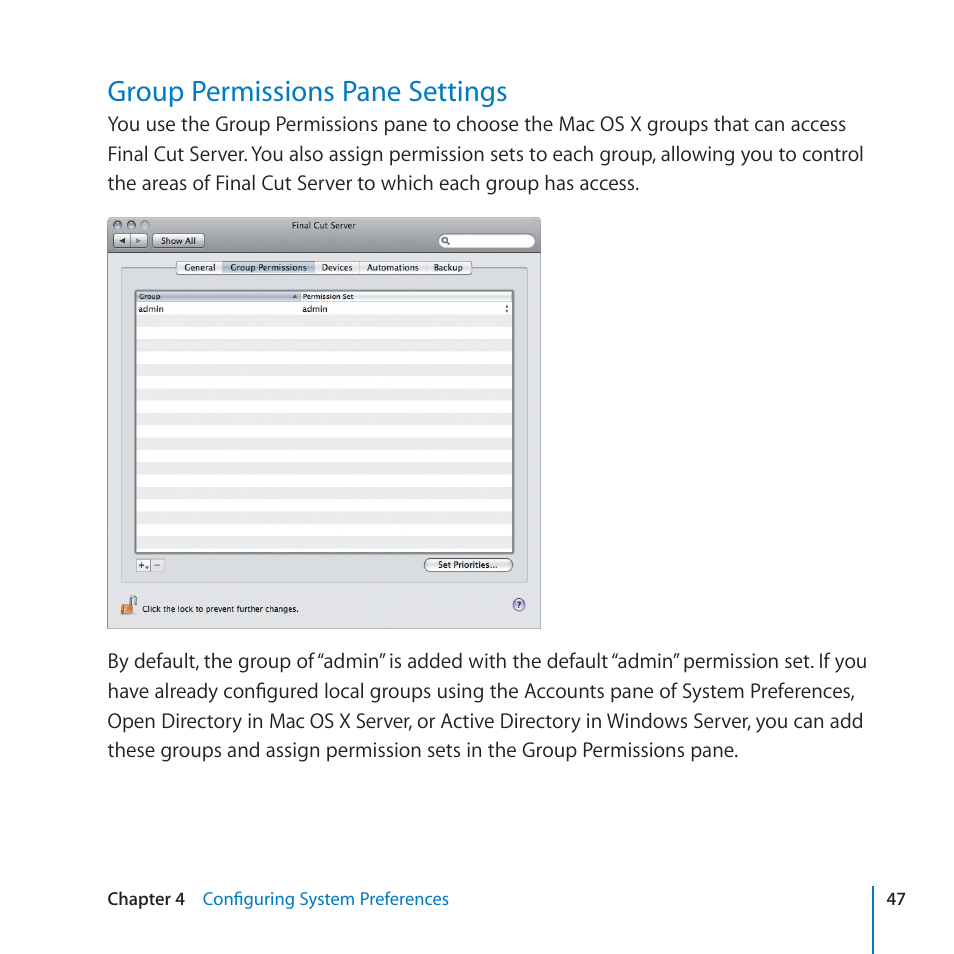 Group permissions pane settings, 47 group permissions pane settings | Apple Final Cut Server 1.5 User Manual | Page 47 / 125