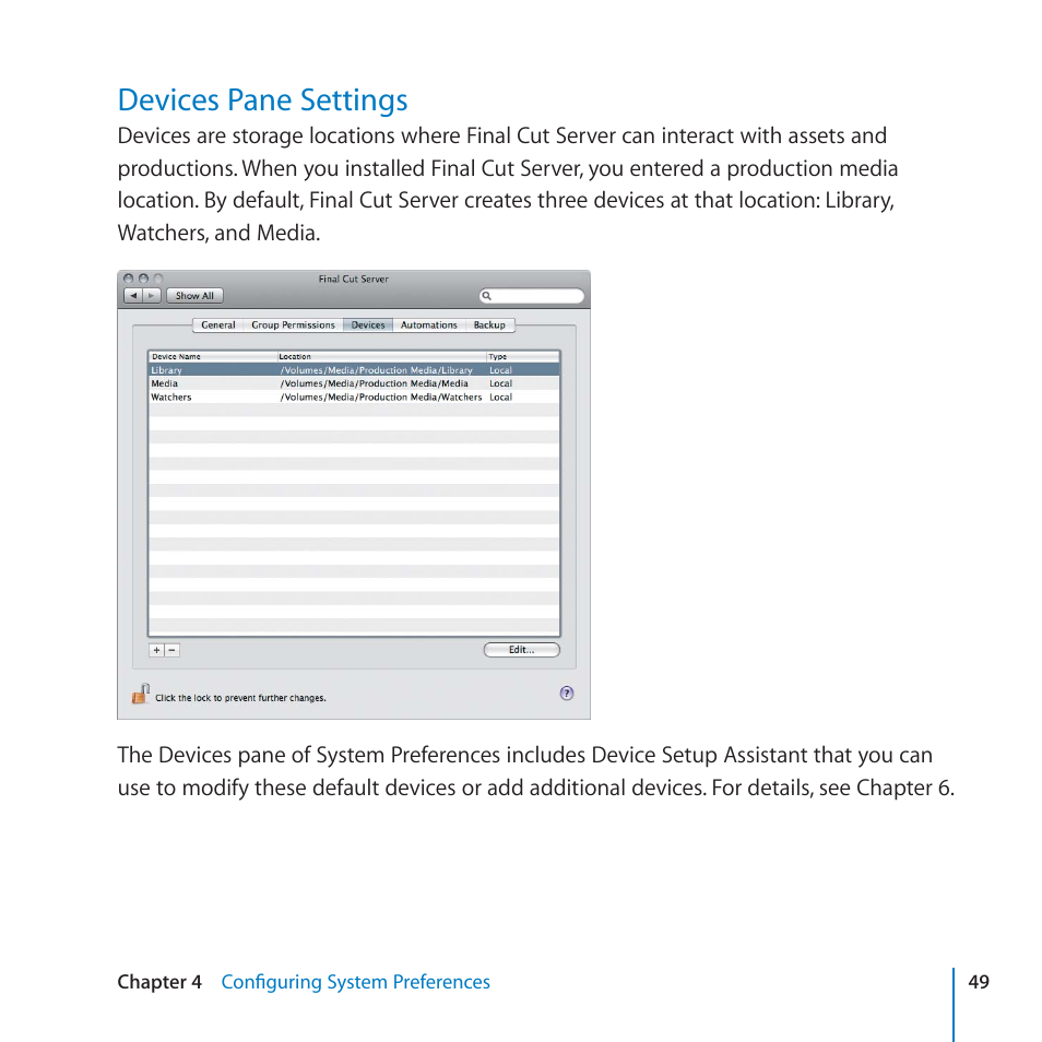 Devices pane settings, 49 devices pane settings | Apple Final Cut Server 1.5 User Manual | Page 49 / 125