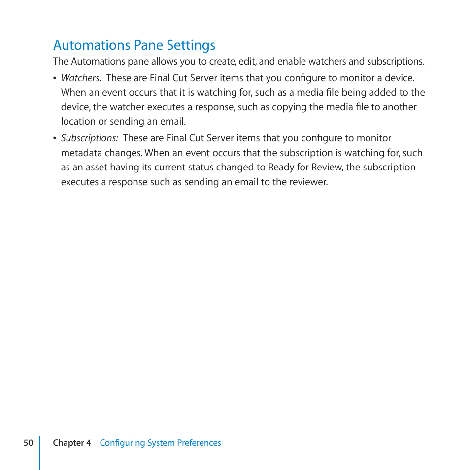Automations pane settings, 50 automations pane settings | Apple Final Cut Server 1.5 User Manual | Page 50 / 125