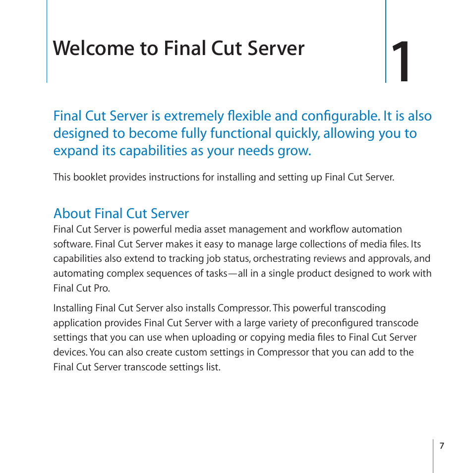 Chapter 1: welcome to final cut server, About final cut server, 7 about final cut server | Welcome to final cut server | Apple Final Cut Server 1.5 User Manual | Page 7 / 125