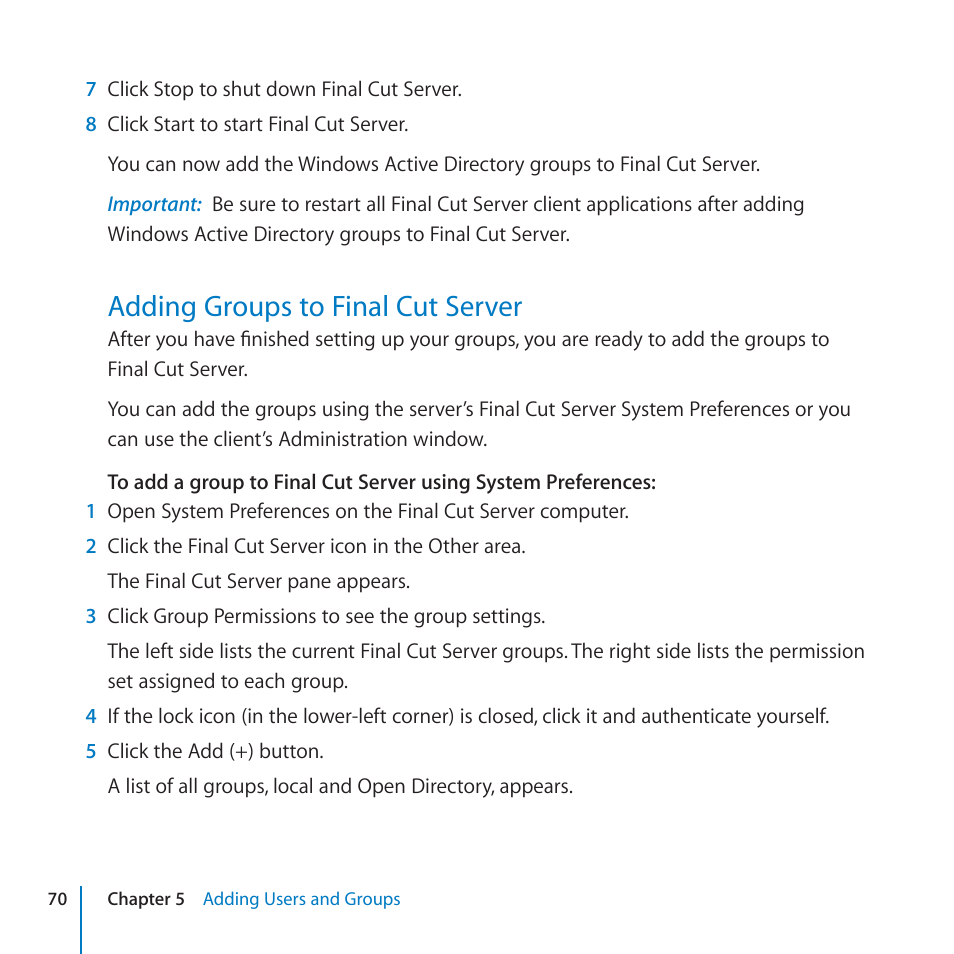 Adding groups to final cut server, 70 adding groups to final cut server | Apple Final Cut Server 1.5 User Manual | Page 70 / 125