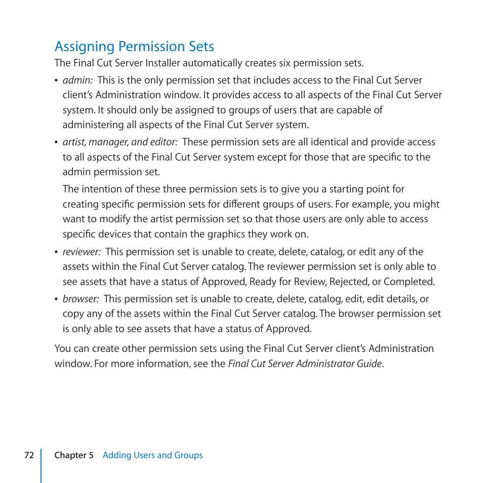 Assigning permission sets, 72 assigning permission sets | Apple Final Cut Server 1.5 User Manual | Page 72 / 125