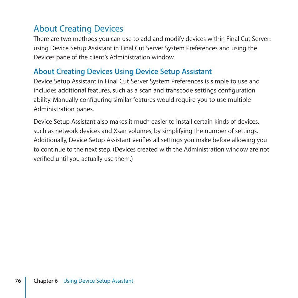 About creating devices, 76 about creating devices | Apple Final Cut Server 1.5 User Manual | Page 76 / 125