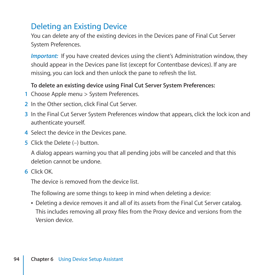 Deleting an existing device, 94 deleting an existing device | Apple Final Cut Server 1.5 User Manual | Page 94 / 125