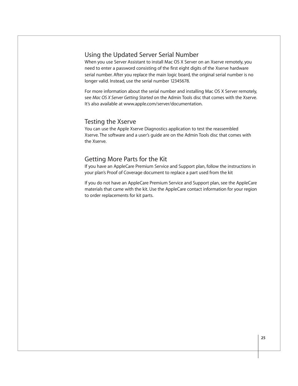Using the updated server serial number, Testing the xserve, Getting more parts for the kit | Apple Xserve Intel (Late 2006) Service Parts Kit User Manual | Page 25 / 28