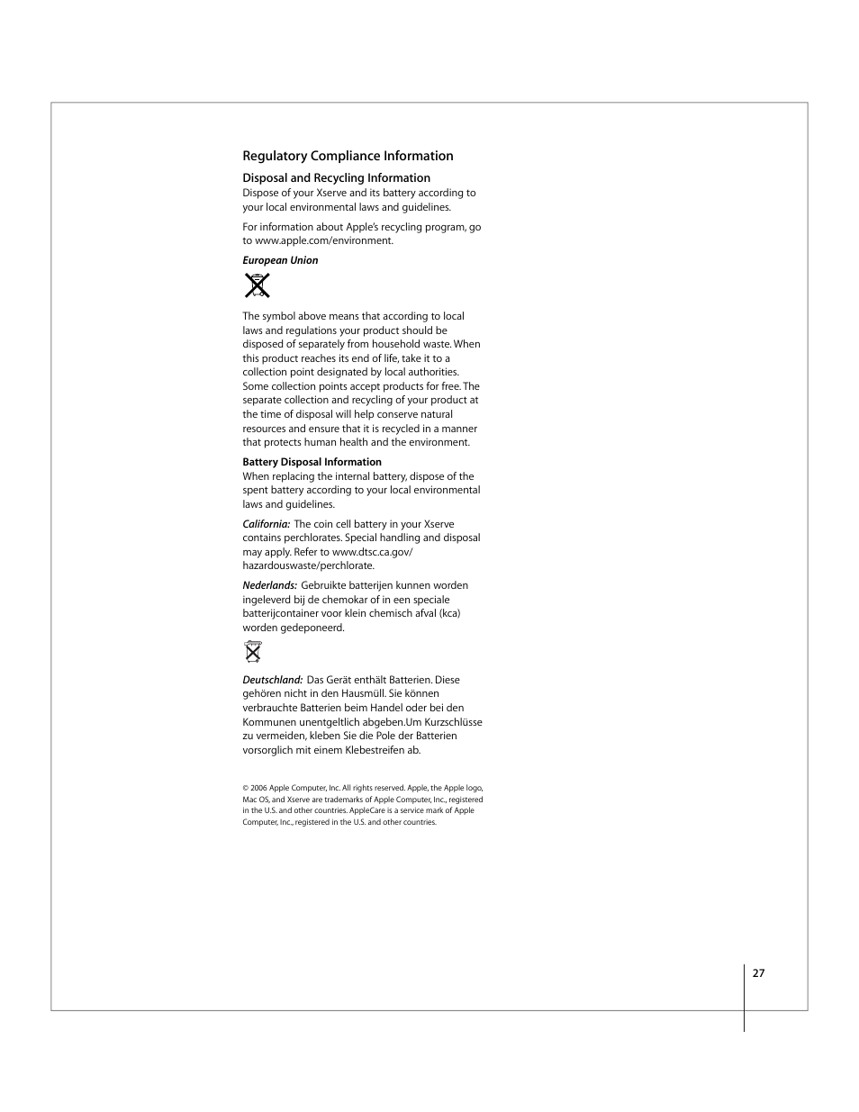 Regulatory compliance information | Apple Xserve Intel (Late 2006) Service Parts Kit User Manual | Page 27 / 28