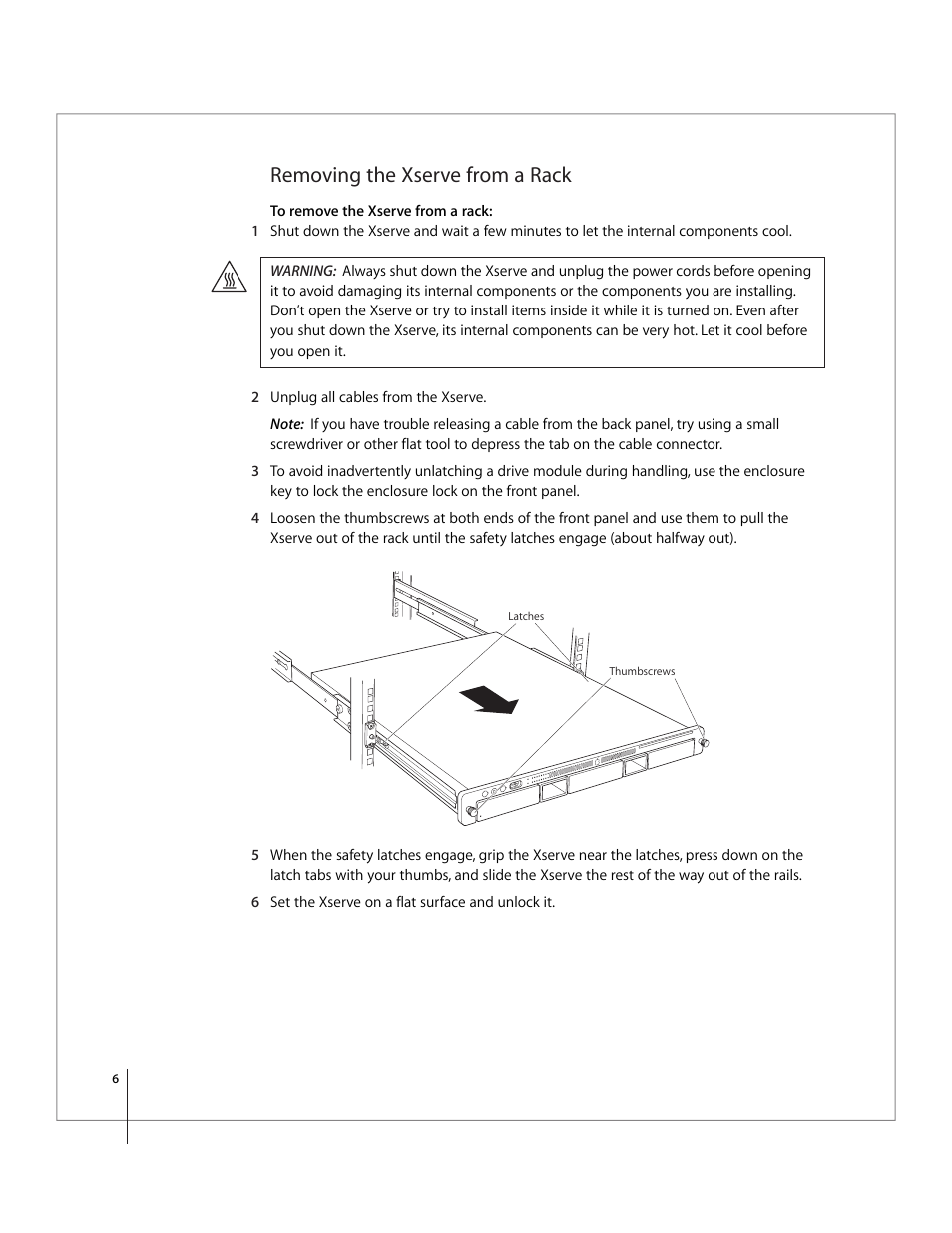 Removing the xserve from a rack | Apple Xserve Intel (Late 2006) Service Parts Kit User Manual | Page 6 / 28