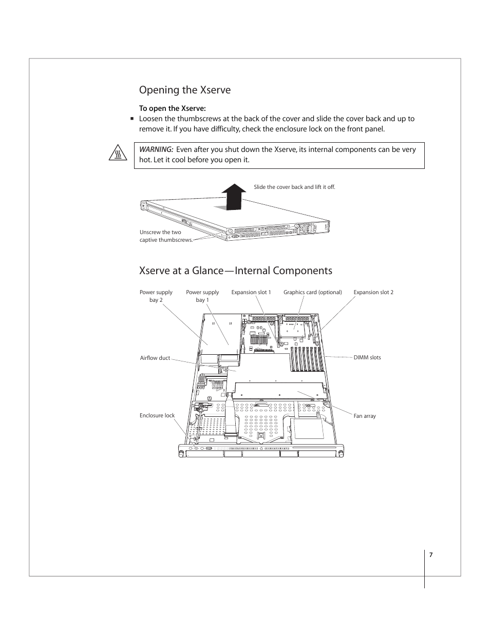 Opening the xserve, Xserve at a glance—internal components | Apple Xserve Intel (Late 2006) Service Parts Kit User Manual | Page 7 / 28