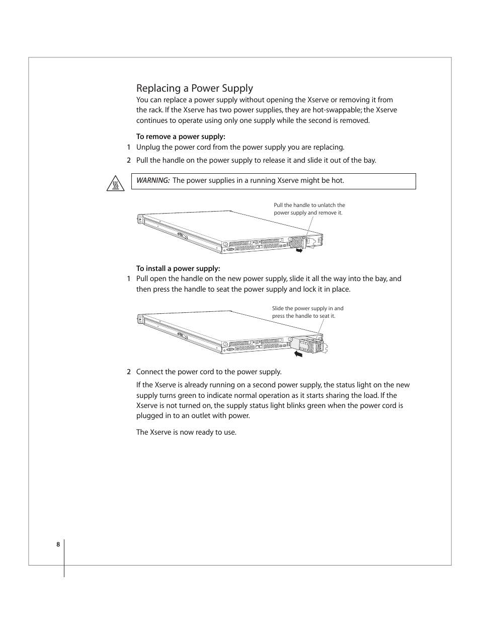 Replacing a power supply | Apple Xserve Intel (Late 2006) Service Parts Kit User Manual | Page 8 / 28