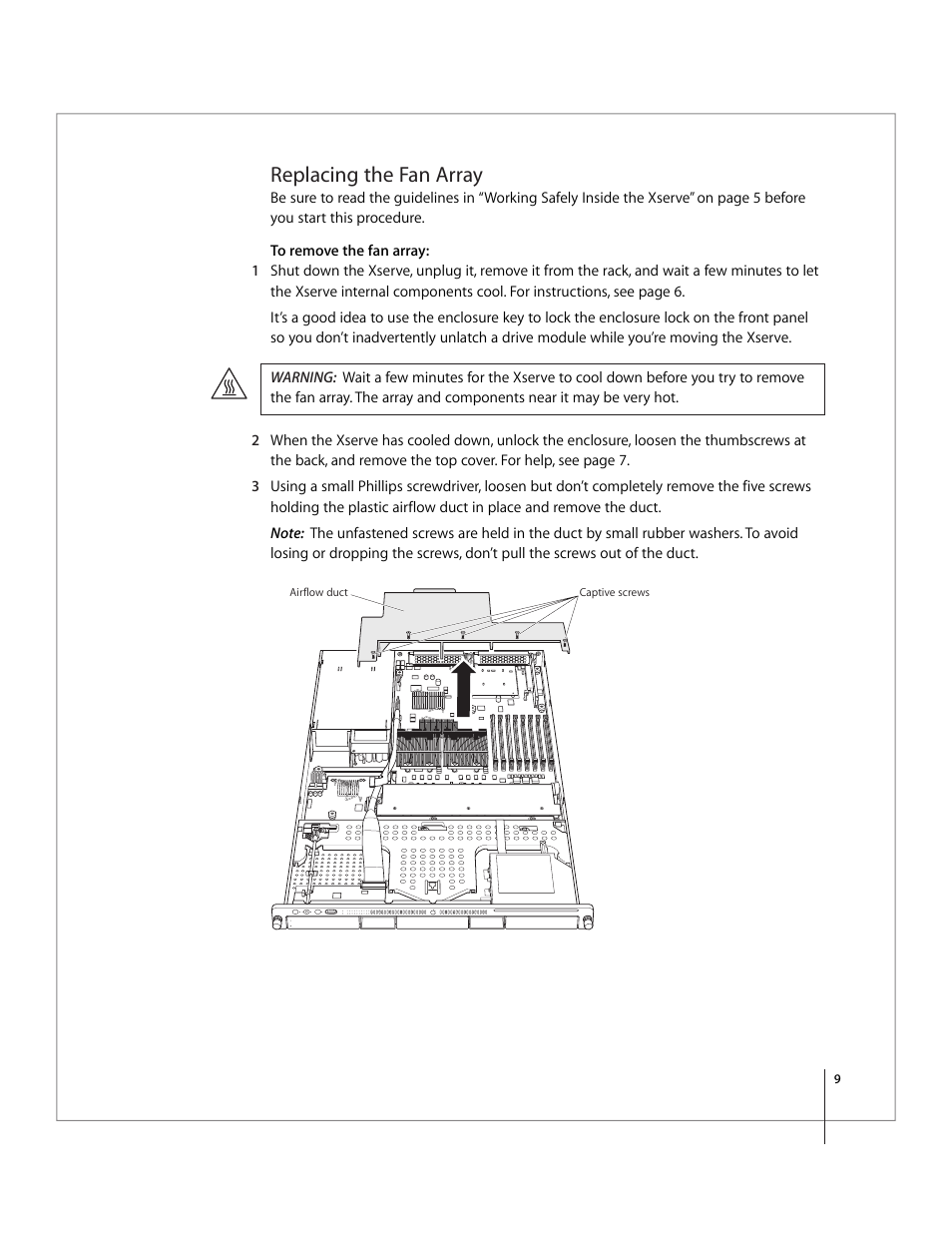 Replacing the fan array | Apple Xserve Intel (Late 2006) Service Parts Kit User Manual | Page 9 / 28