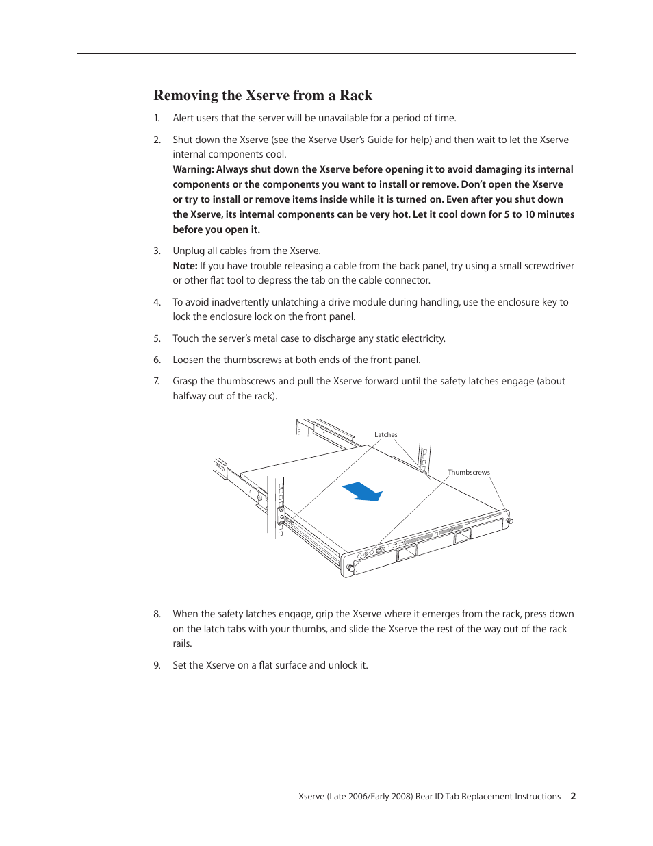 Removing the xserve from a rack | Apple Xserve (Early 2008) DIY Procedure for Rear ID Tab User Manual | Page 2 / 28