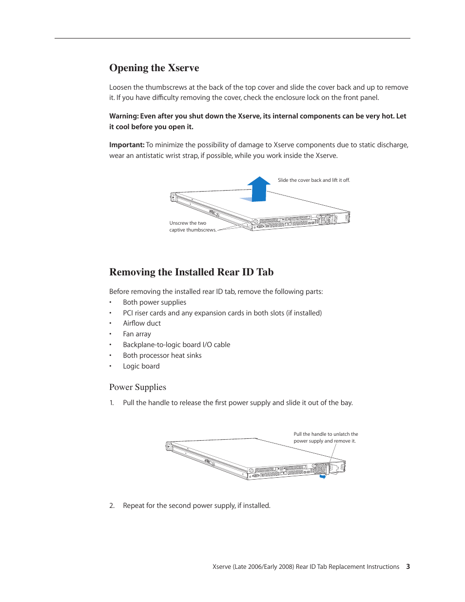 Opening the xserve, Removing the installed rear id tab | Apple Xserve (Early 2008) DIY Procedure for Rear ID Tab User Manual | Page 3 / 28