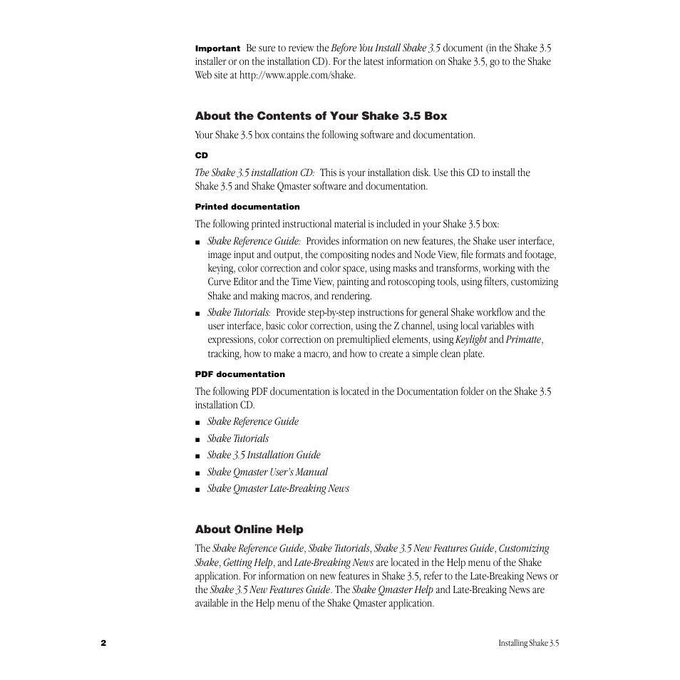 About the contents of your shake3.5 box, About online help | Apple Shake 3.5 User Manual | Page 2 / 16