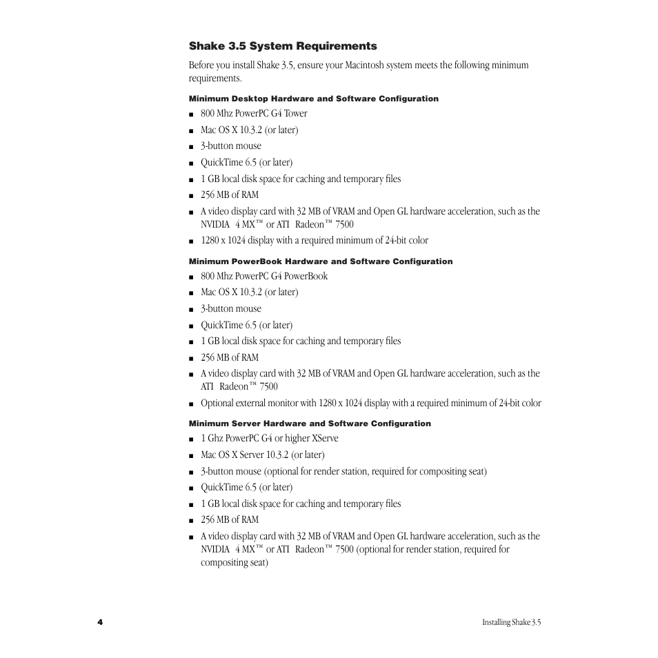 Shake3.5 system requirements | Apple Shake 3.5 User Manual | Page 4 / 16