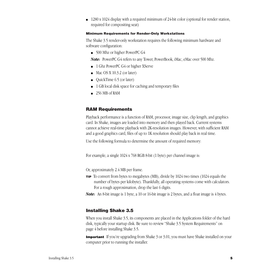 Ram requirements, Installing shake3.5 | Apple Shake 3.5 User Manual | Page 5 / 16