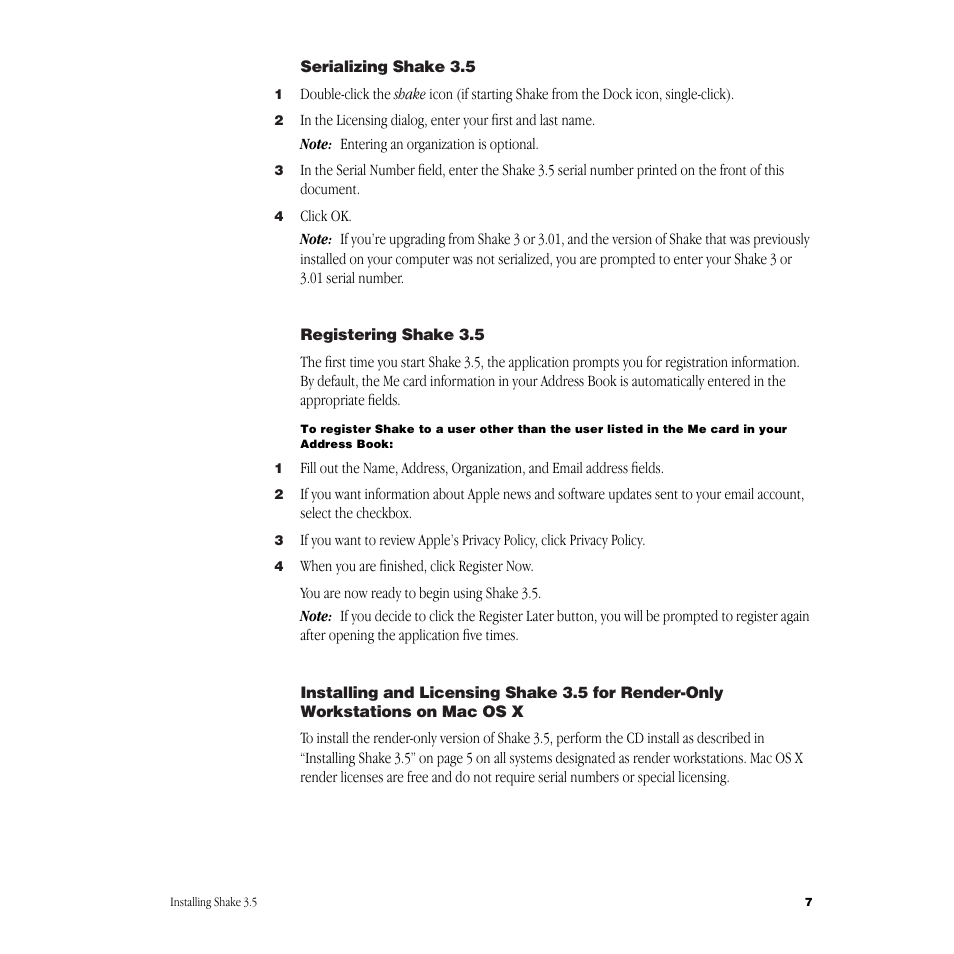 Serializing shake3.5, Registering shake3.5 | Apple Shake 3.5 User Manual | Page 7 / 16