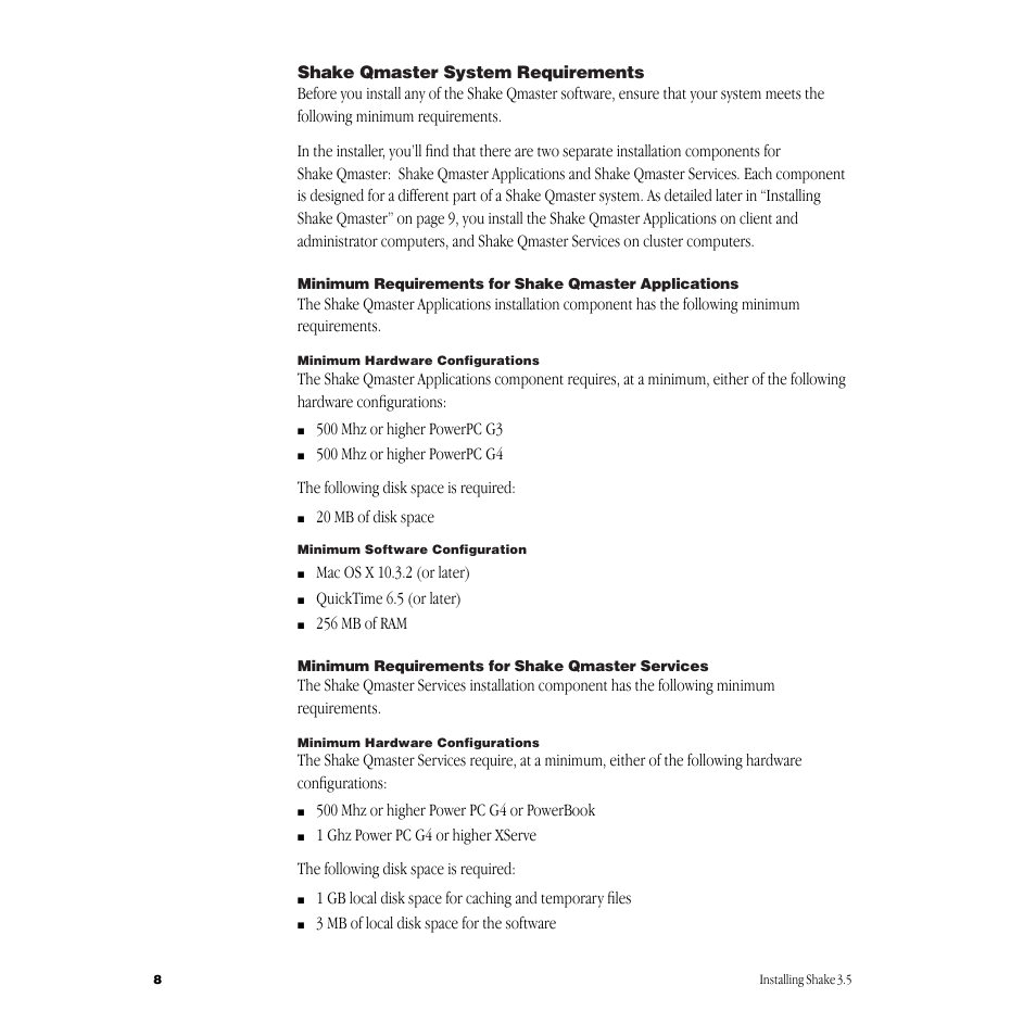 Shakeqmaster system requirements, Minimum requirements for shakeqmaster services | Apple Shake 3.5 User Manual | Page 8 / 16