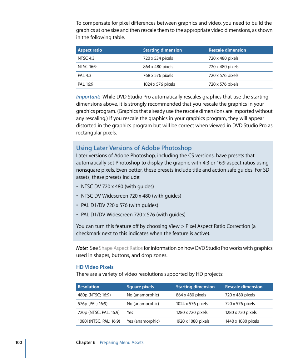 Hd video pixels, Using later versions of adobe photoshop | Apple DVD Studio Pro 4 User Manual | Page 100 / 656