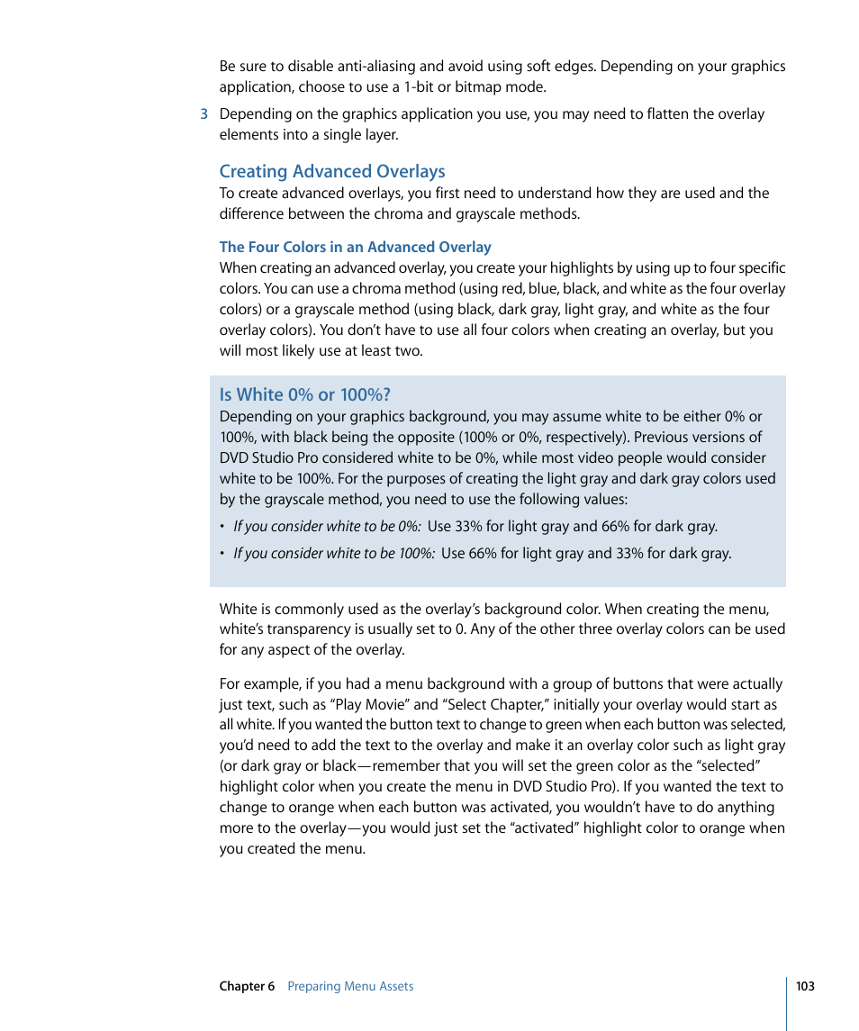 Creating advanced overlays, The four colors in an advanced overlay, Is white 0% or 100 | Apple DVD Studio Pro 4 User Manual | Page 103 / 656
