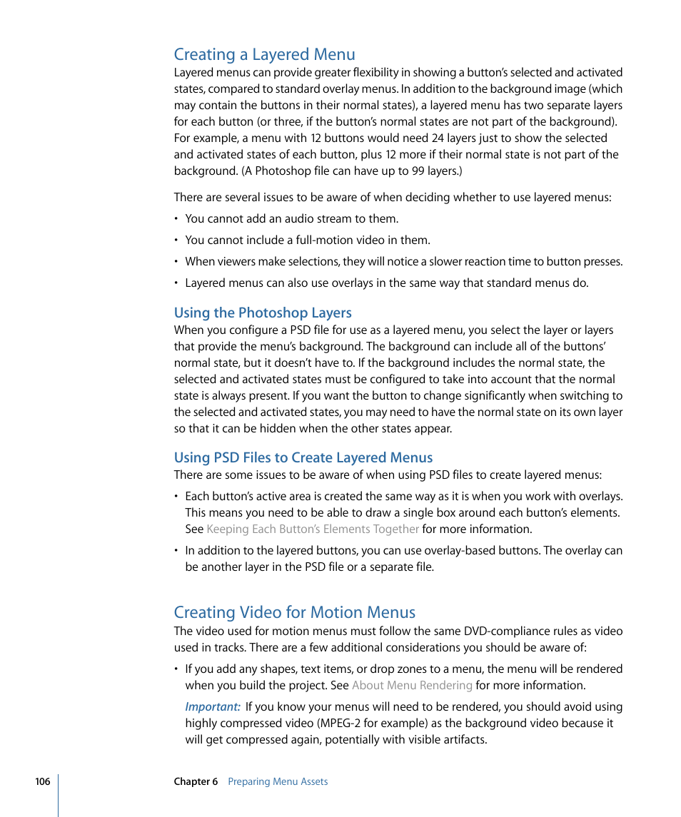 Creating a layered menu, Using the photoshop layers, Using psd files to create layered menus | Creating video for motion menus, Creating video for, Motion menus | Apple DVD Studio Pro 4 User Manual | Page 106 / 656