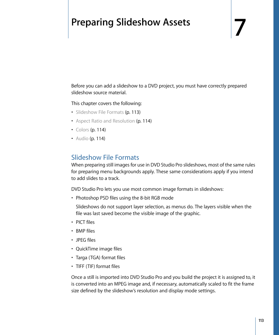 Preparing slideshow assets, Slideshow file formats | Apple DVD Studio Pro 4 User Manual | Page 113 / 656