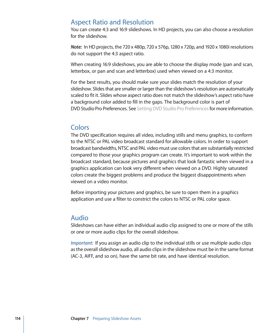 Aspect ratio and resolution, Colors, Audio | Apple DVD Studio Pro 4 User Manual | Page 114 / 656