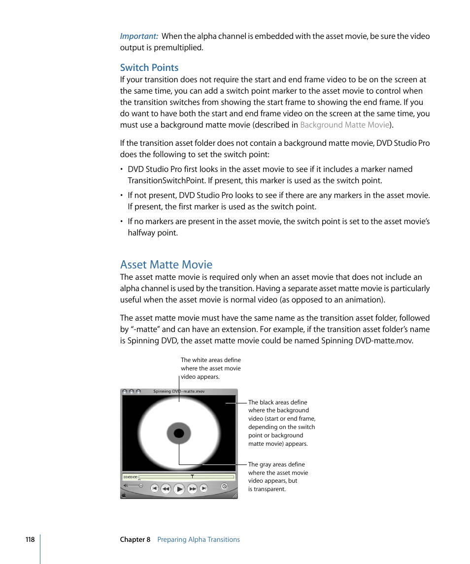 Switch points, Asset matte movie | Apple DVD Studio Pro 4 User Manual | Page 118 / 656