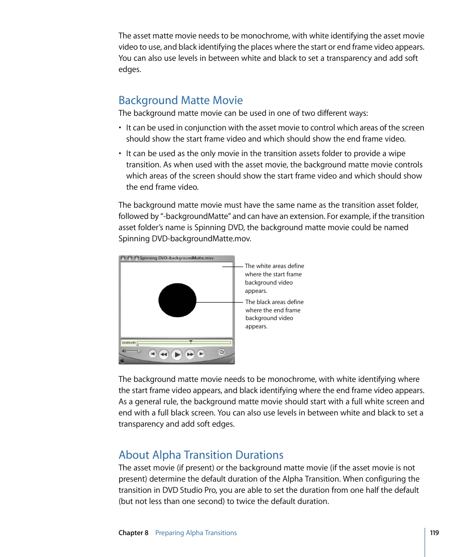 Background matte movie, About alpha transition durations | Apple DVD Studio Pro 4 User Manual | Page 119 / 656