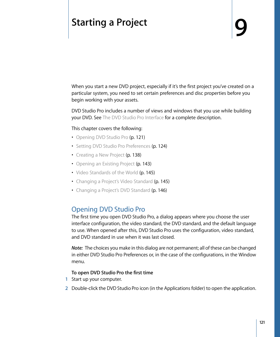 Starting a project, Opening dvd studio pro | Apple DVD Studio Pro 4 User Manual | Page 121 / 656