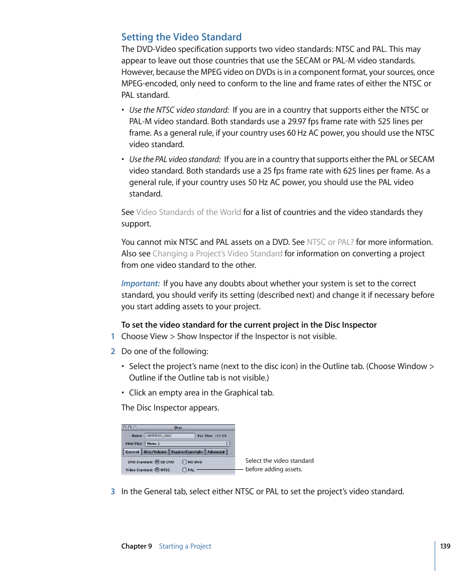Setting the video standard | Apple DVD Studio Pro 4 User Manual | Page 139 / 656