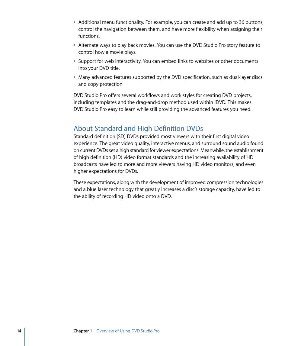 About standard and high definition dvds | Apple DVD Studio Pro 4 User Manual | Page 14 / 656